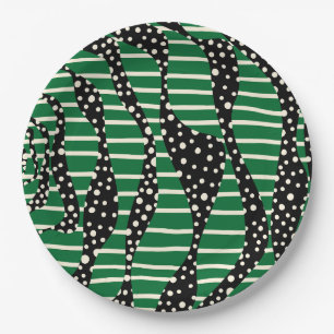 Spots and Stripes 2 - Green, Cream and Black Paper Plate