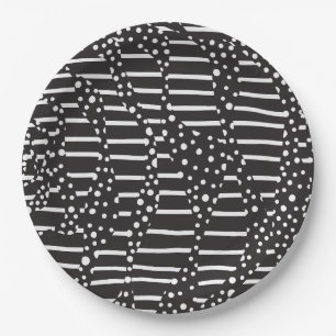 Spots and Stripes 2 in White on Black Paper Plate