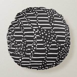 Spots and Stripes 2 in White on Black Round Cushion