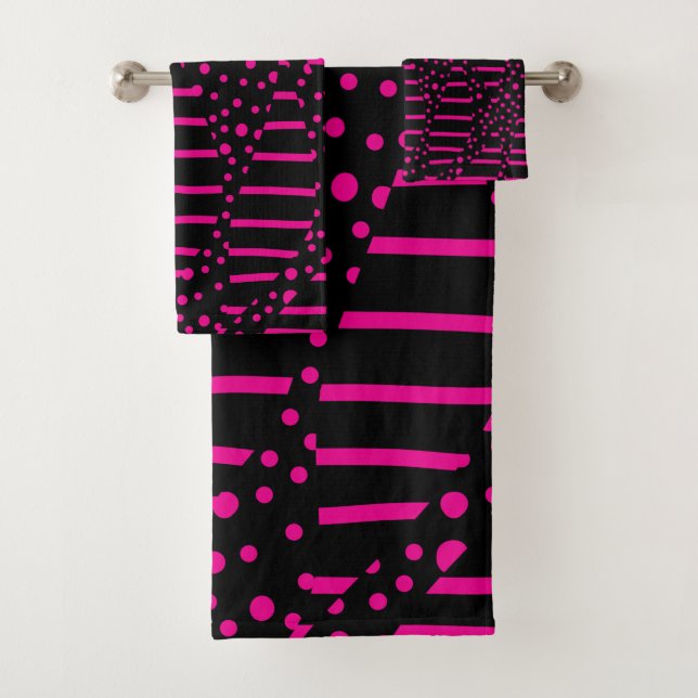 Spots and Stripes 2 - Magenta and Black Bath Towel Set (Insitu)