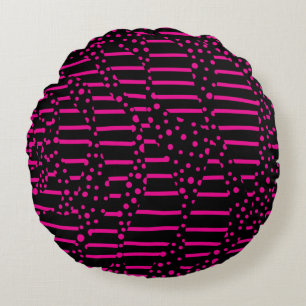 Spots and Stripes 2 - Magenta and Black Round Cushion