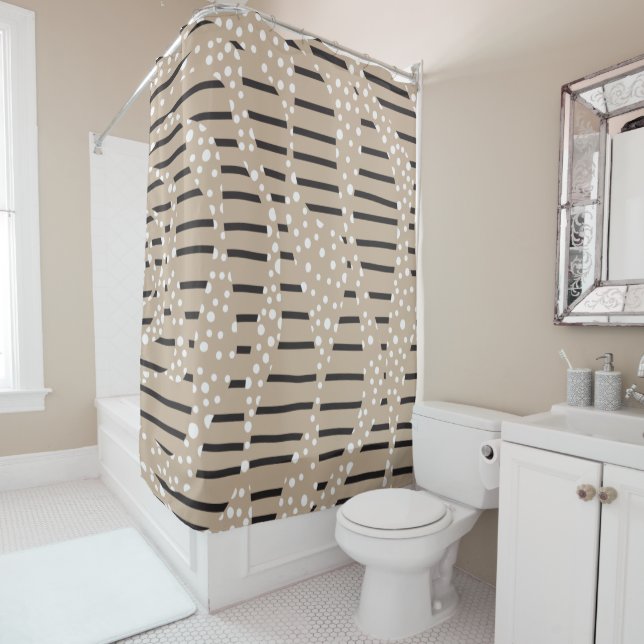Spots and Stripes 2 - Taupe, Black and White Shower Curtain (In Situ)