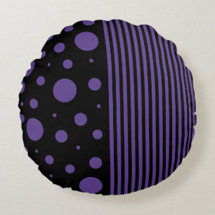 Spots and Stripes in Purple and Black Round Cushion