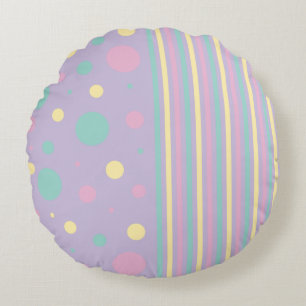 Spots and Stripes - Pink, Yellow, Purple, Green Round Cushion