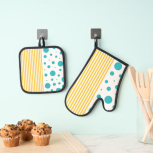 Spots and Stripes - Turquoise and Yellow Oven Mitt & Pot Holder Set