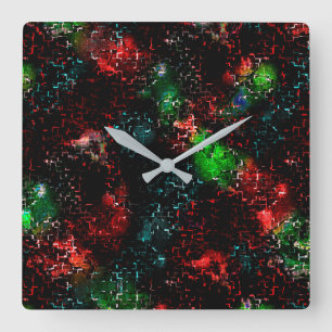 Spots of bright colours under the dark and mosaic square wall clock