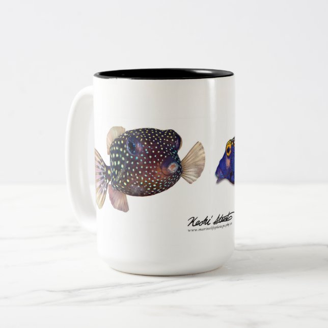 Spotted Boxfish couple, Ostracion meleagris Two-Tone Coffee Mug (Front Left)