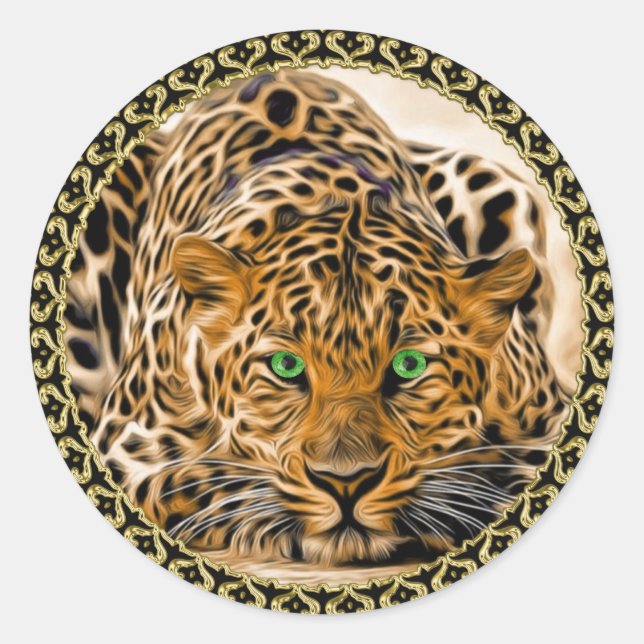 Spotted Bright green eye leopard looking at you Classic Round Sticker (Front)