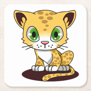 SPOTTED BROWN GREEN-EYED KITTEN ON A MAROON MAT SQUARE PAPER COASTER