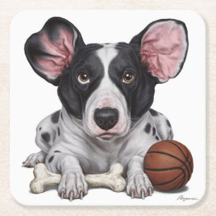 Spotted Canine with Basketball and Bone Square Paper Coaster