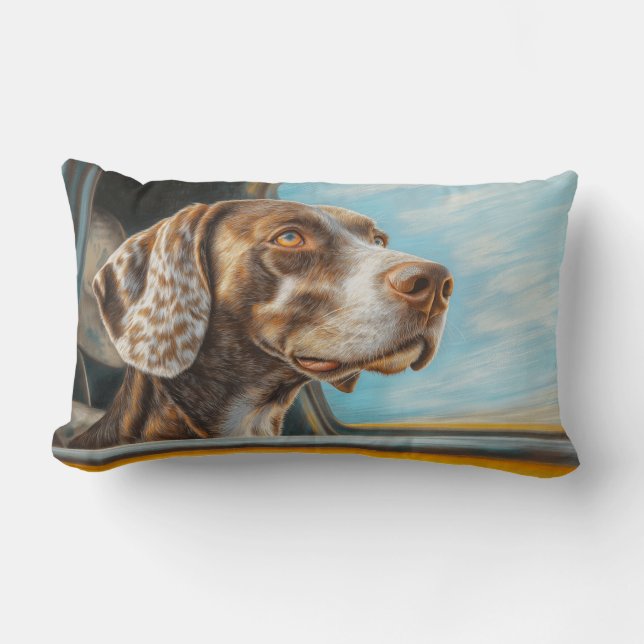 Spotted Dog on a Car Adventure Art Print Lumbar Cushion (Front)