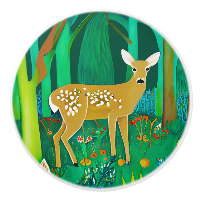 Spotted Fawn in a Fantasy Forest Setting  Ceramic Knob (Front)