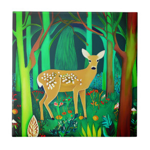 Spotted Fawn in a Fantasy Forest Setting Ceramic Tile