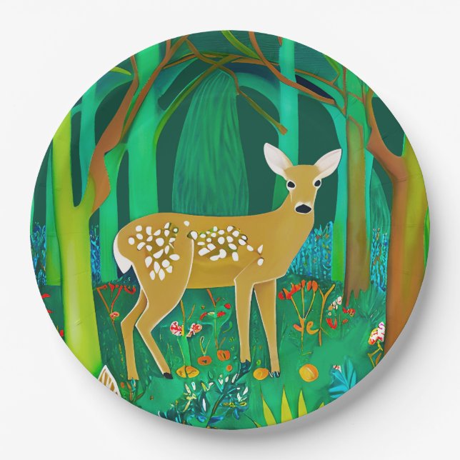 Spotted Fawn in a Fantasy Forest Setting Paper Plate (Front)