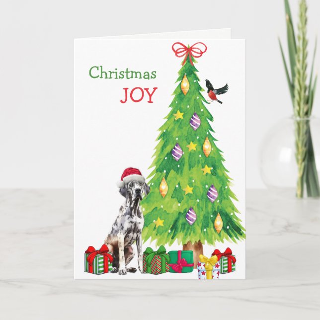 Spotted Great Dane Dog, Bird and Christmas Tree Holiday Card (Front)