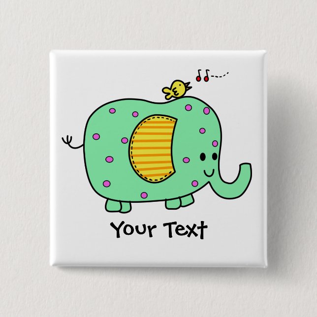 Spotted Green Elephant With Cute Birdie 15 Cm Square Badge (Front)