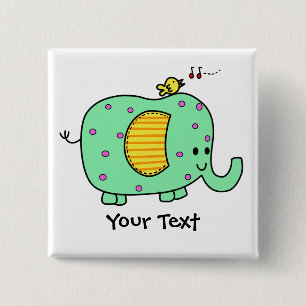 Spotted Green Elephant With Cute Birdie 15 Cm Square Badge