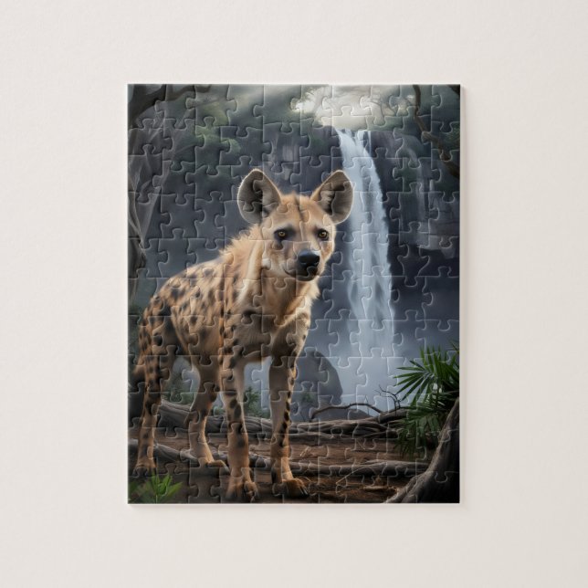 Spotted hyena by forest waterfall jigsaw puzzle (Vertical)