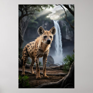 Spotted hyena by forest waterfall poster