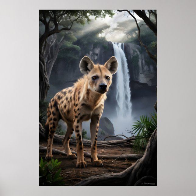 Spotted hyena by forest waterfall poster (Front)