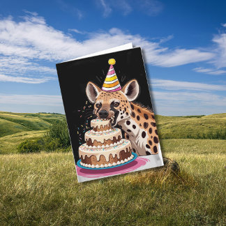 Spotted hyena wearing hat biting into cake card