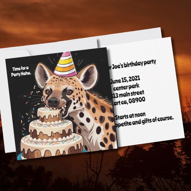 Spotted hyena wearing hat biting into cake invitation (Creator Uploaded)