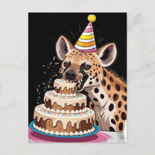 Spotted hyena wearing hat biting into cake postcard