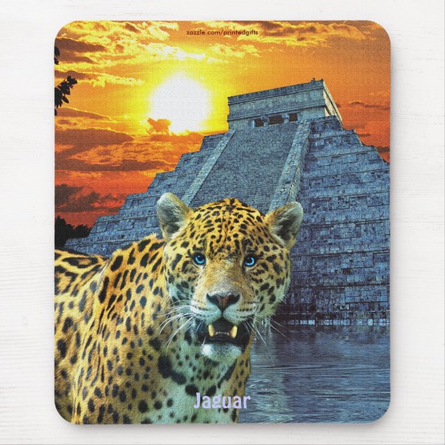 Spotted Jaguar & Chichen Itza Temple & Sunset Mouse Pad (Front)