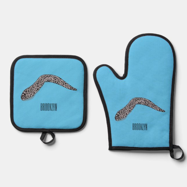 Spotted moray eel cartoon illustration oven mitt & pot holder set (Front)