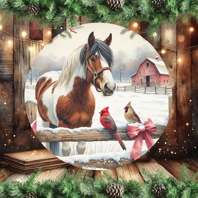 Spotted Pinto Horse and Cardinals Christmas Classic Round Sticker (Creator Uploaded)