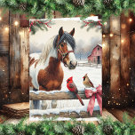 Spotted Pinto Horse and Cardinals Personalised Holiday Card<br><div class="desc">Personalised farming themed Christmas card with a pretty brown and white spotted horse with a male and female cardinal on the fence with a rustic barn in the background of a snowy winter day watercolor ai art.</div>