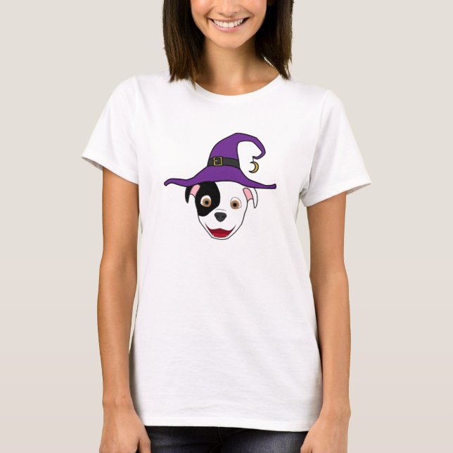 Spotted Pitbull with Witch Hat T-Shirt (Front)