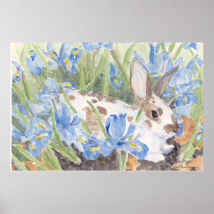 Spotted Rabbit in Springtime Dutch Irises Poster