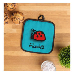 * Spotted Red Ladybird Graphic on Blue Pot Holder
