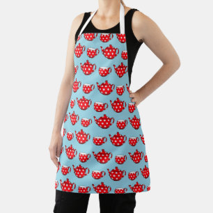 Spotty Red Teapot and Cups Blue Pattern Apron