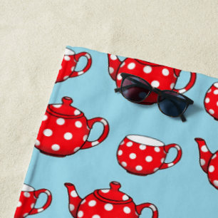 Spotty Red Teapot and Cups Blue Pattern Beach Towel