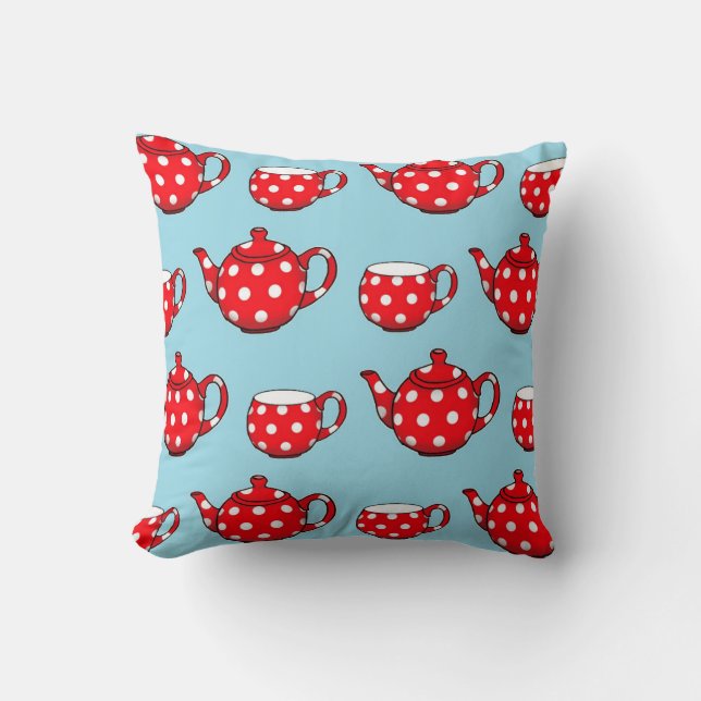 Spotty Red Teapot and Cups Blue Pattern Cushion (Front)