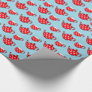 Spotty Red Teapot and Cups Blue Pattern Wrapping Paper