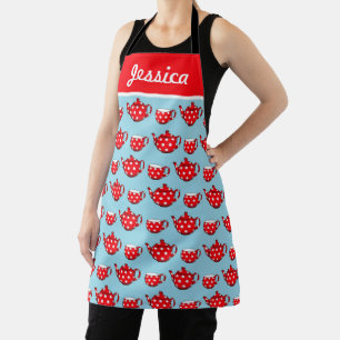 Spotty Red Teapot and Cups Pattern Personalised Apron