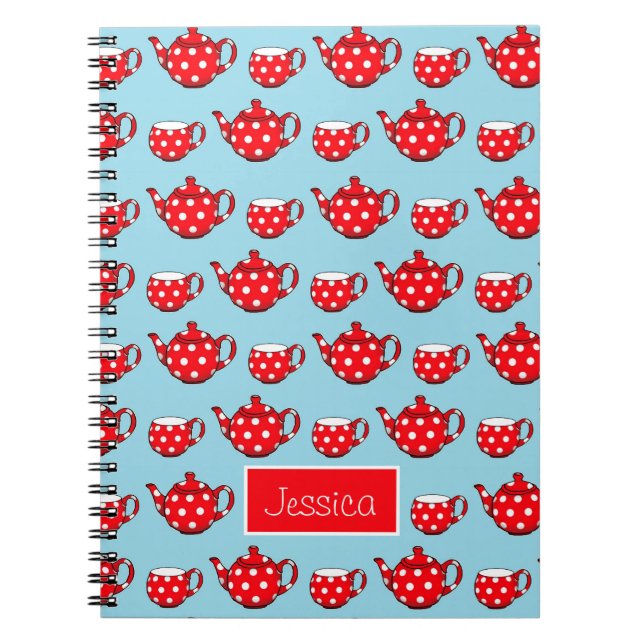 Spotty Red Teapot and Cups Pattern Personalised Notebook (Front)