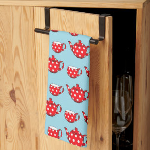 Spotty Red Teapot and Cups Pattern  Tea Towel