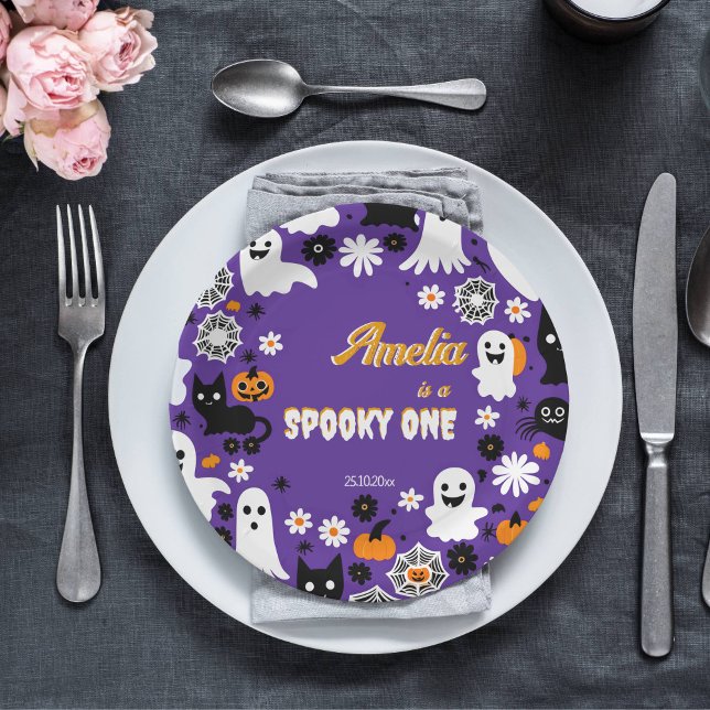 Sppoky one Halloween birthday groovy retro daisies Paper Plate (Halloween spooky one party plates purple groovy retro daisies cute ghosts black cat)