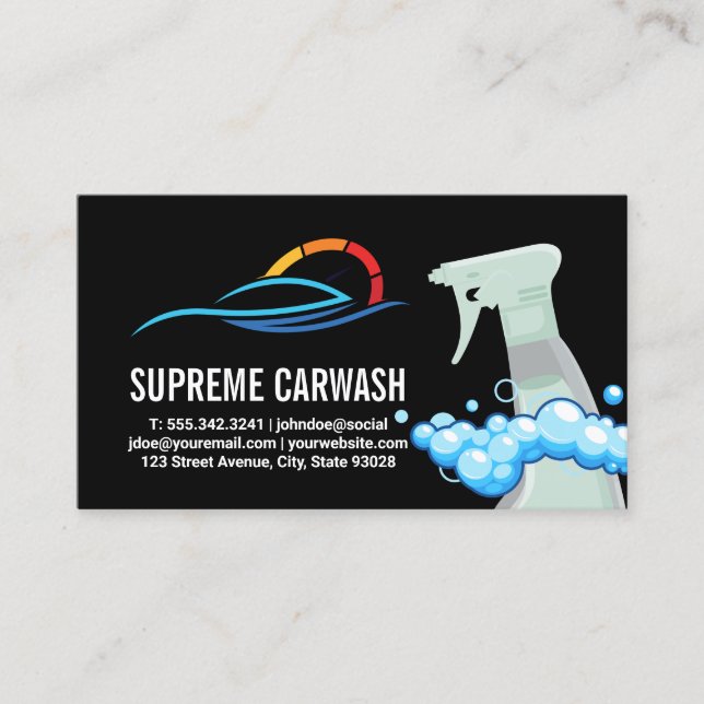 Spray Bottle Soap Bubbles | Auto Wash Logo Business Card (Front)