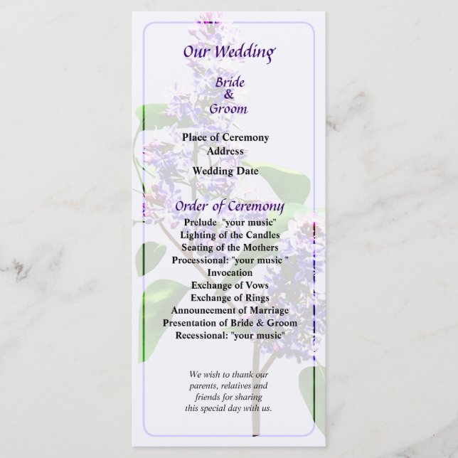 Spray of Lilacs Wedding Program (Front)