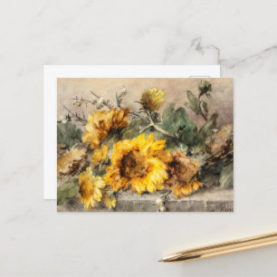 Spray of sunflowers on a stone ledge  postcard