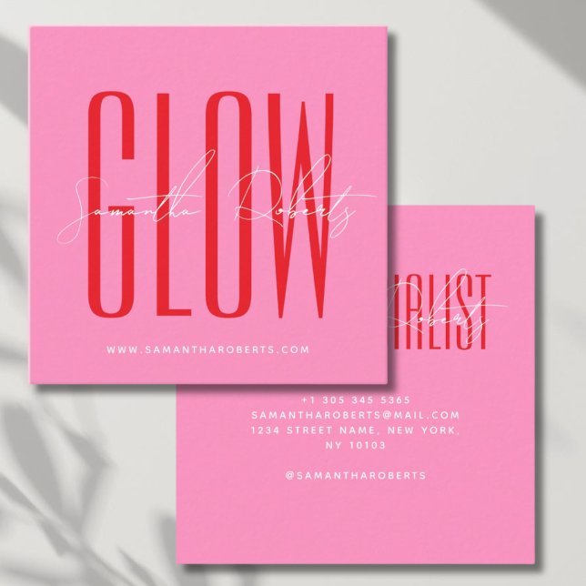 Spray tan glow modern typography script pink square business card (Creator Uploaded)