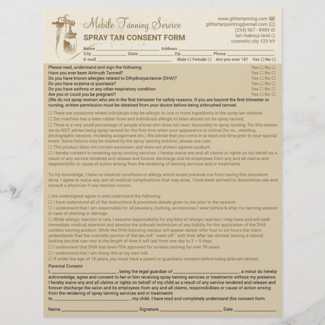 Spray Tan Liability Waiver Form Beige Flyer (Front)