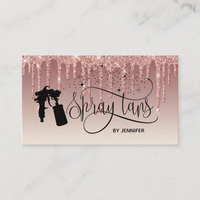 Spray tan script dripping glitter gold business card (Front)