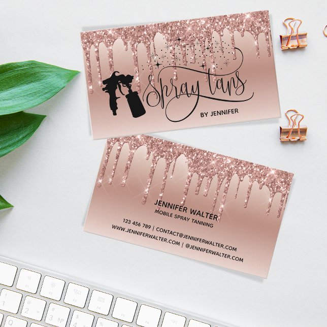 Spray tan script dripping glitter gold business card (Creator Uploaded)