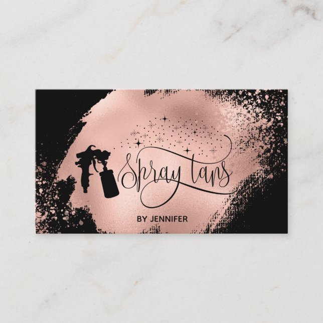 Spray tan script glitter rose gold splash business card (Front)